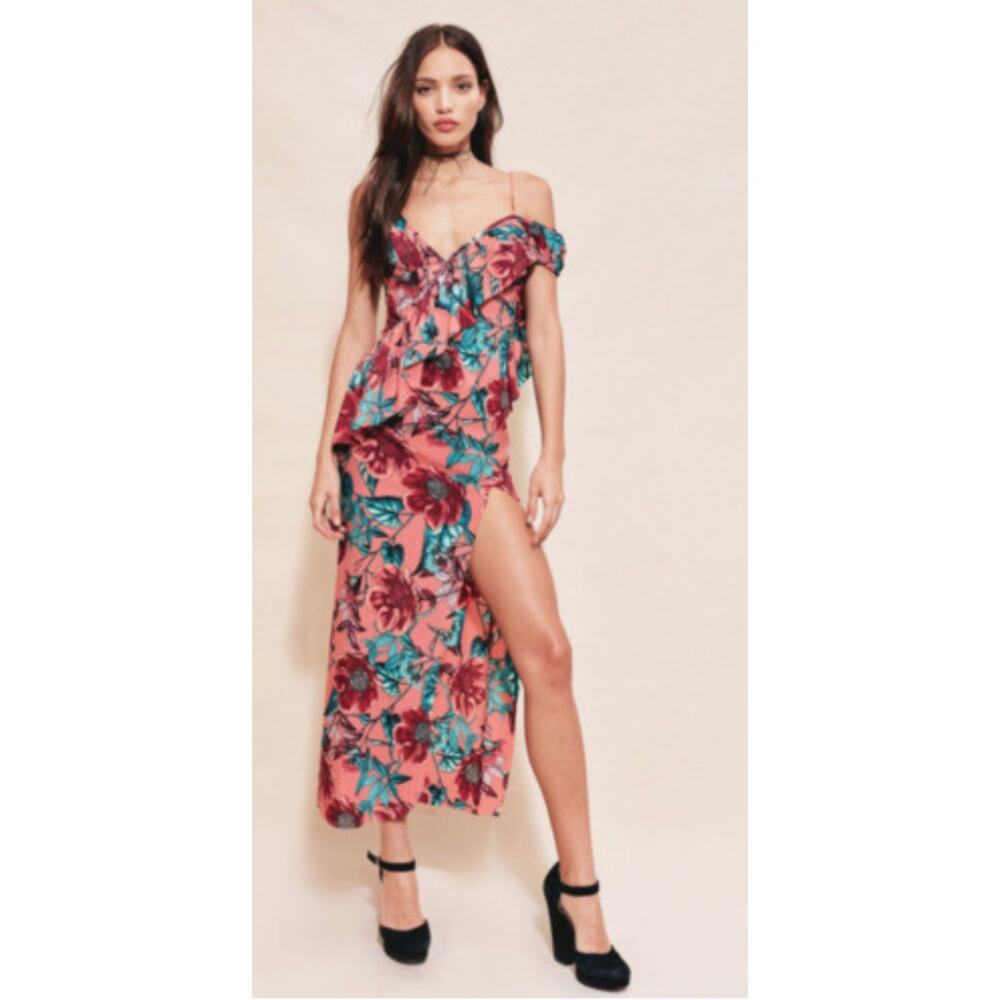 For Love & Lemons Pink Floral Silk Flamenco Maxi Dress